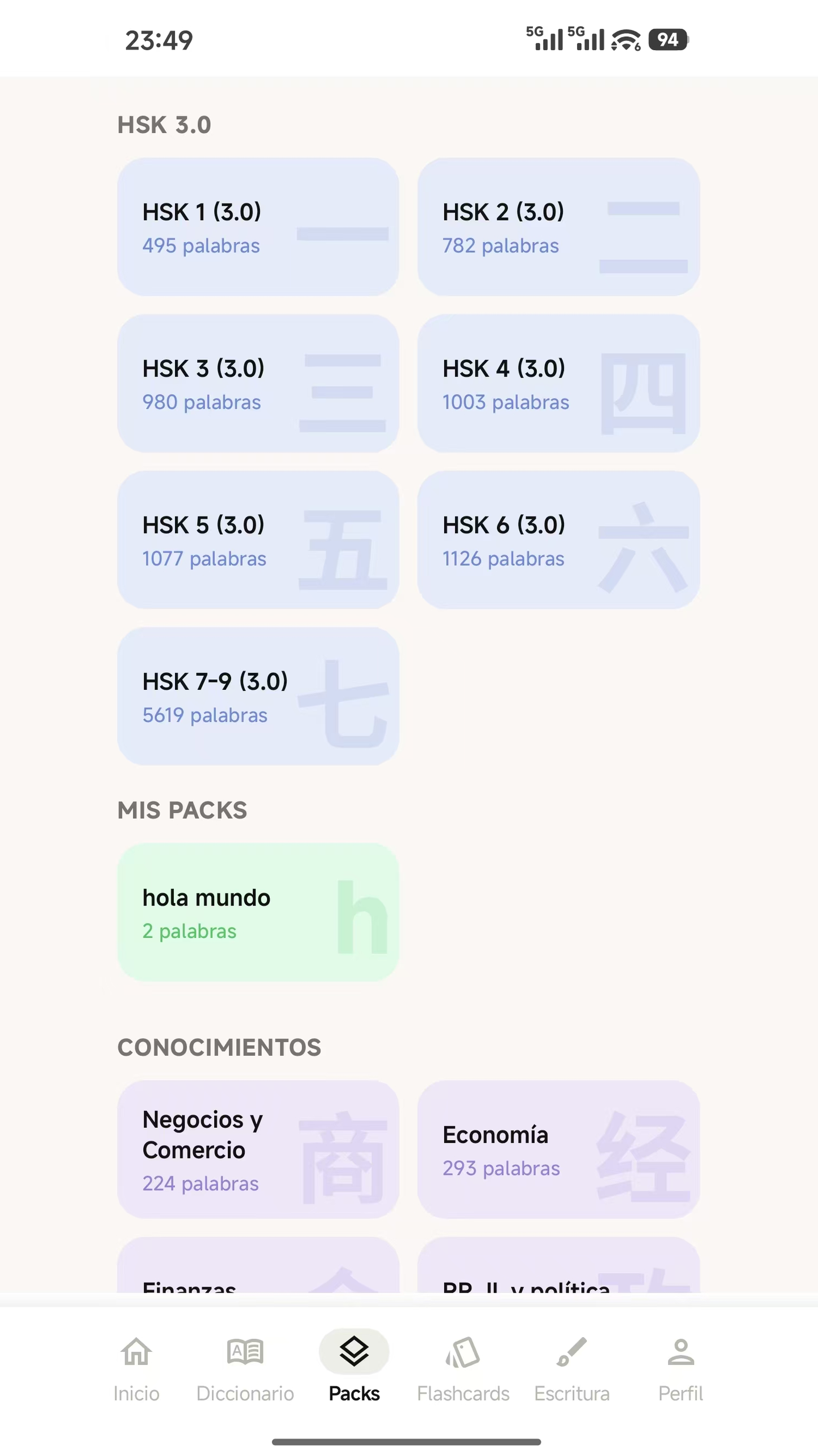 Pestaña Packs de SanQ con los niveles del HSK, los packs del usuario y los packs temáticos
